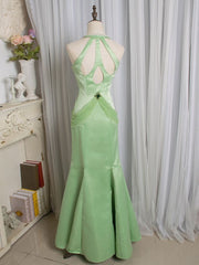 Vintage Light Green Mermaid Halter Satin Beaded Long Prom Dress ED01658
