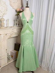 Vintage Light Green Mermaid Halter Satin Beaded Long Prom Dress ED01658