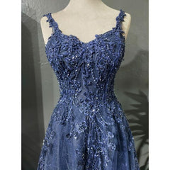 Gray Blue A-Line Spaghetti Strap Tulle Beaded Long Prom Dress Applique Graduation Prom Dress ED01659
