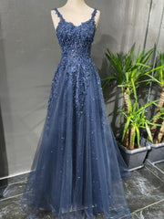 Gray Blue A-Line Spaghetti Strap Tulle Beaded Long Prom Dress Applique Graduation Prom Dress ED01659