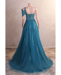 A-Line One Shoulder Tulle Beaded Long Prom Dress Elegant Evening Gown ED01660