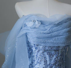 Sky Blue Mermaid Strapless Tulle Beaded Long Prom Dress Elegant Wedding Dress ED01661