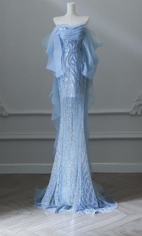 Sky Blue Mermaid Strapless Tulle Beaded Long Prom Dress Elegant Wedding Dress ED01661
