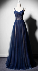 Navy Blue Tulle V Neck Long Women Prom Dress, Lace Up Evening Dress ED01664