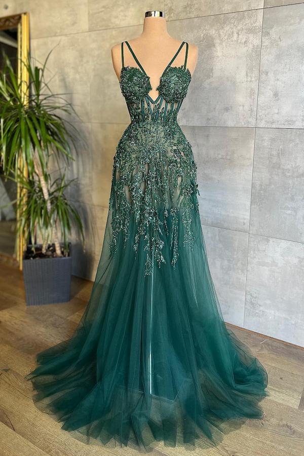 Dark Green A-Line Spaghetti Strap Tulle Beads Long Prom Dress With Appliques ED01665