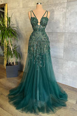 Dark Green A-Line Spaghetti Strap Tulle Beads Long Prom Dress With Appliques ED01665