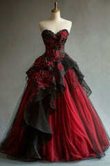 Burgundy A-Line Sweetheart Neck Tulle Applique Long Prom Dress Vintage Evening Gown ED01666