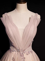 Blush Pink A-Line V-neck Glitter Tulle with Beaded Long Prom Dress Adult Ceremony Evening Dress ED01668