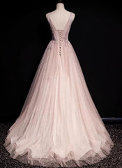 Blush Pink A-Line V-neck Glitter Tulle with Beaded Long Prom Dress Adult Ceremony Evening Dress ED01668