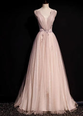 Blush Pink A-Line V-neck Glitter Tulle with Beaded Long Prom Dress Adult Ceremony Evening Dress ED01668