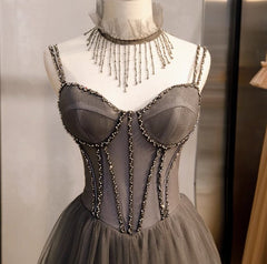 A-Line Spaghetti Strap Tulle Beaded Long Prom Dress Graduation Prom Dress Birthday Dress ED01669