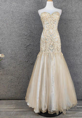Light Champagne Mermaid Sweetheart Neck Beaded Tulle Long Ball Dress Vintage Evening Dress ED01670