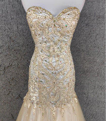 Light Champagne Mermaid Sweetheart Neck Beaded Tulle Long Ball Dress Vintage Evening Dress ED01670