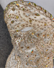 Light Champagne Mermaid Sweetheart Neck Beaded Tulle Long Ball Dress Vintage Evening Dress ED01670