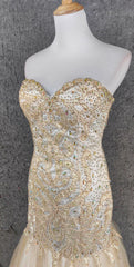 Light Champagne Mermaid Sweetheart Neck Beaded Tulle Long Ball Dress Vintage Evening Dress ED01670