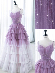 Gradient Purple A-Line Spaghetti Strap Tulle Sequin Long Prom Dress Graduation Prom Dress ED01672