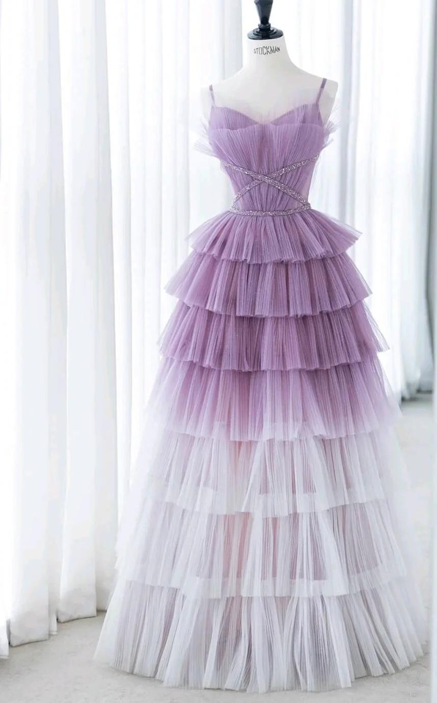 Gradient Purple A-Line Spaghetti Strap Tulle Sequin Long Prom Dress Graduation Prom Dress ED01672