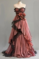 Cute Pink A-Line Strapless Chiffon Tulle Long Prom Dress Vintage Applique Birthday Prom Dress ED01675