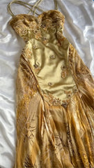 Gold 💛Vintage Prom Dress for Birthday&Party Applique Spaghetti Strap Chiffon Ball Gown ED01676