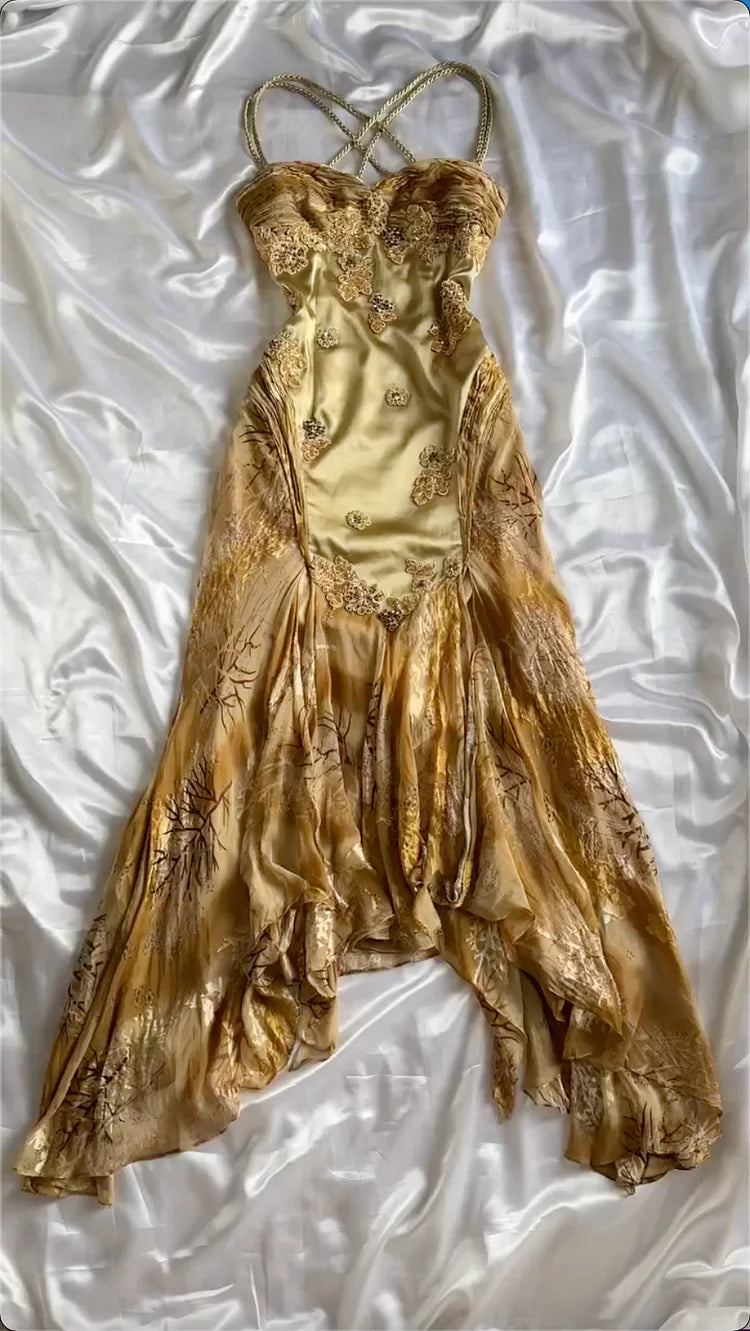 Gold 💛Vintage Prom Dress for Birthday&Party Applique Spaghetti Strap Chiffon Ball Gown ED01676