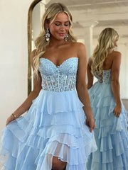 A-Line Sweetheart Neck Chiffon Lace Blue Long Prom Dress, Blue Long Graduation Dress ED01677
