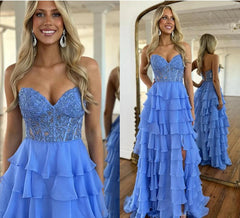 A-Line Sweetheart Neck Chiffon Lace Blue Long Prom Dress, Blue Long Graduation Dress ED01677