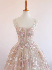 Sweet Light Champagne A-Line Tulle Sequin Applique Long Prom Dress Prom Dress Birthday Dress ED01678
