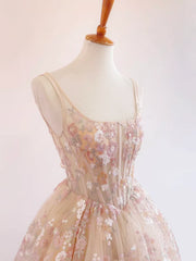 Sweet Light Champagne A-Line Tulle Sequin Applique Long Prom Dress Prom Dress Birthday Dress ED01678