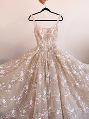 Sweet Light Champagne A-Line Tulle Sequin Applique Long Prom Dress Prom Dress Birthday Dress ED01678