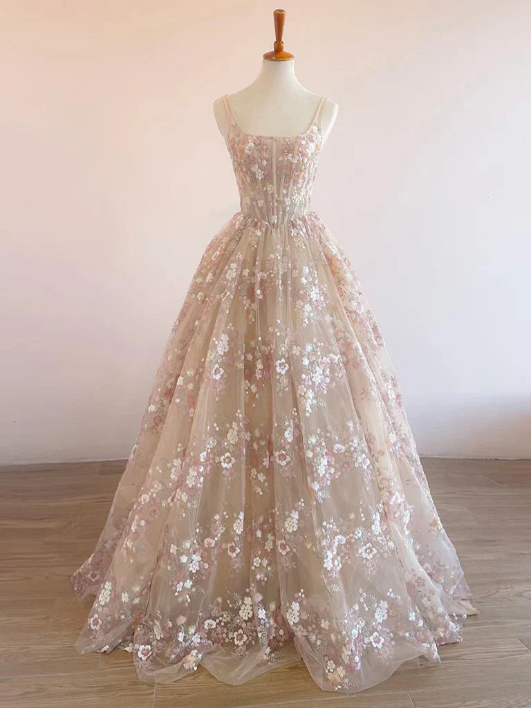 Sweet Light Champagne A-Line Tulle Sequin Applique Long Prom Dress Prom Dress Birthday Dress ED01678