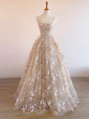 Sweet Light Champagne A-Line Tulle Sequin Applique Long Prom Dress Prom Dress Birthday Dress ED01678