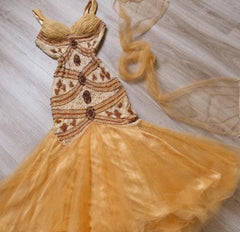 Vintage Yellow Mermaid Tulle Chiffon Long Prom Dress Pretty Birthday Dress ED01679