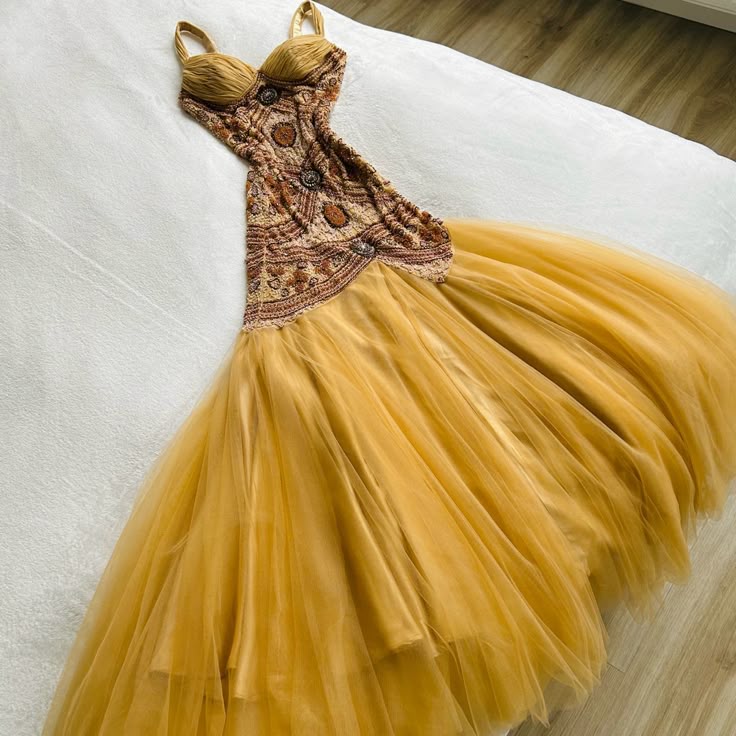 Vintage Yellow Mermaid Tulle Chiffon Long Prom Dress Pretty Birthday Dress ED01679