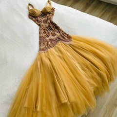Vintage Yellow Mermaid Tulle Chiffon Long Prom Dress Pretty Birthday Dress ED01679