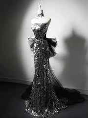 Modest Silver Mermaid Strapless Sequin Tulle  Long Prom Dress Formal Evening Dress ED01680