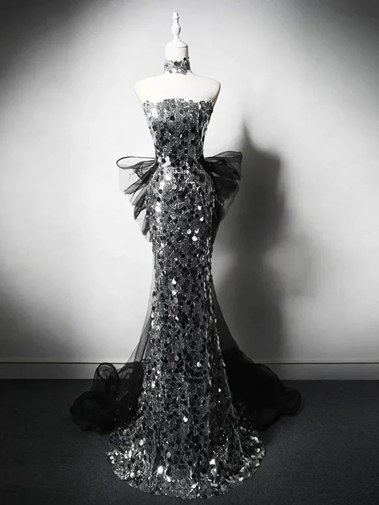 Modest Silver Mermaid Strapless Sequin Tulle  Long Prom Dress Formal Evening Dress ED01680