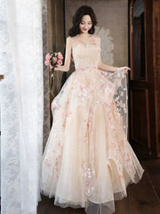 Champagne A-Line Tulle Sequins Long Prom Dress Embroidery Applique Formal Evening Dress ED01682