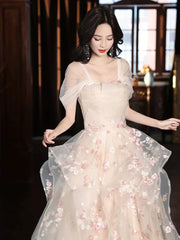 Champagne A-Line Tulle Sequins Long Prom Dress Embroidery Applique Formal Evening Dress ED01682