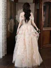 Champagne A-Line Tulle Sequins Long Prom Dress Embroidery Applique Formal Evening Dress ED01682