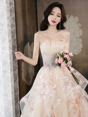 Champagne A-Line Tulle Sequins Long Prom Dress Embroidery Applique Formal Evening Dress ED01682