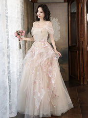 Champagne A-Line Tulle Sequins Long Prom Dress Embroidery Applique Formal Evening Dress ED01682