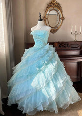 Cute Sky Blue A-Line Strapless Tulle Beaded Long Prom Dress Sequined Layered Adult Ceremony Dress ED01684