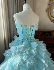 Cute Sky Blue A-Line Strapless Tulle Beaded Long Prom Dress Sequined Layered Adult Ceremony Dress ED01684