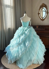 Cute Sky Blue A-Line Strapless Tulle Beaded Long Prom Dress Sequined Layered Adult Ceremony Dress ED01684