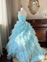 Cute Sky Blue A-Line Strapless Tulle Beaded Long Prom Dress Sequined Layered Adult Ceremony Dress ED01684