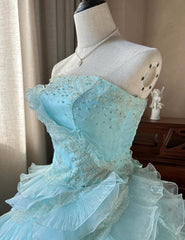 Cute Sky Blue A-Line Strapless Tulle Beaded Long Prom Dress Sequined Layered Adult Ceremony Dress ED01684