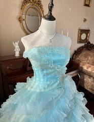 Cute Sky Blue A-Line Strapless Tulle Beaded Long Prom Dress Sequined Layered Adult Ceremony Dress ED01684