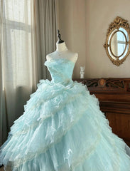 Cute Sky Blue A-Line Strapless Tulle Beaded Long Prom Dress Sequined Layered Adult Ceremony Dress ED01684