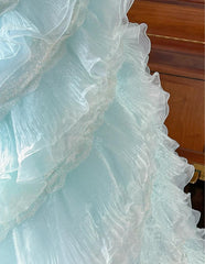 Cute Sky Blue A-Line Strapless Tulle Beaded Long Prom Dress Sequined Layered Adult Ceremony Dress ED01684