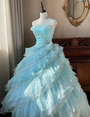 Cute Sky Blue A-Line Strapless Tulle Beaded Long Prom Dress Sequined Layered Adult Ceremony Dress ED01684